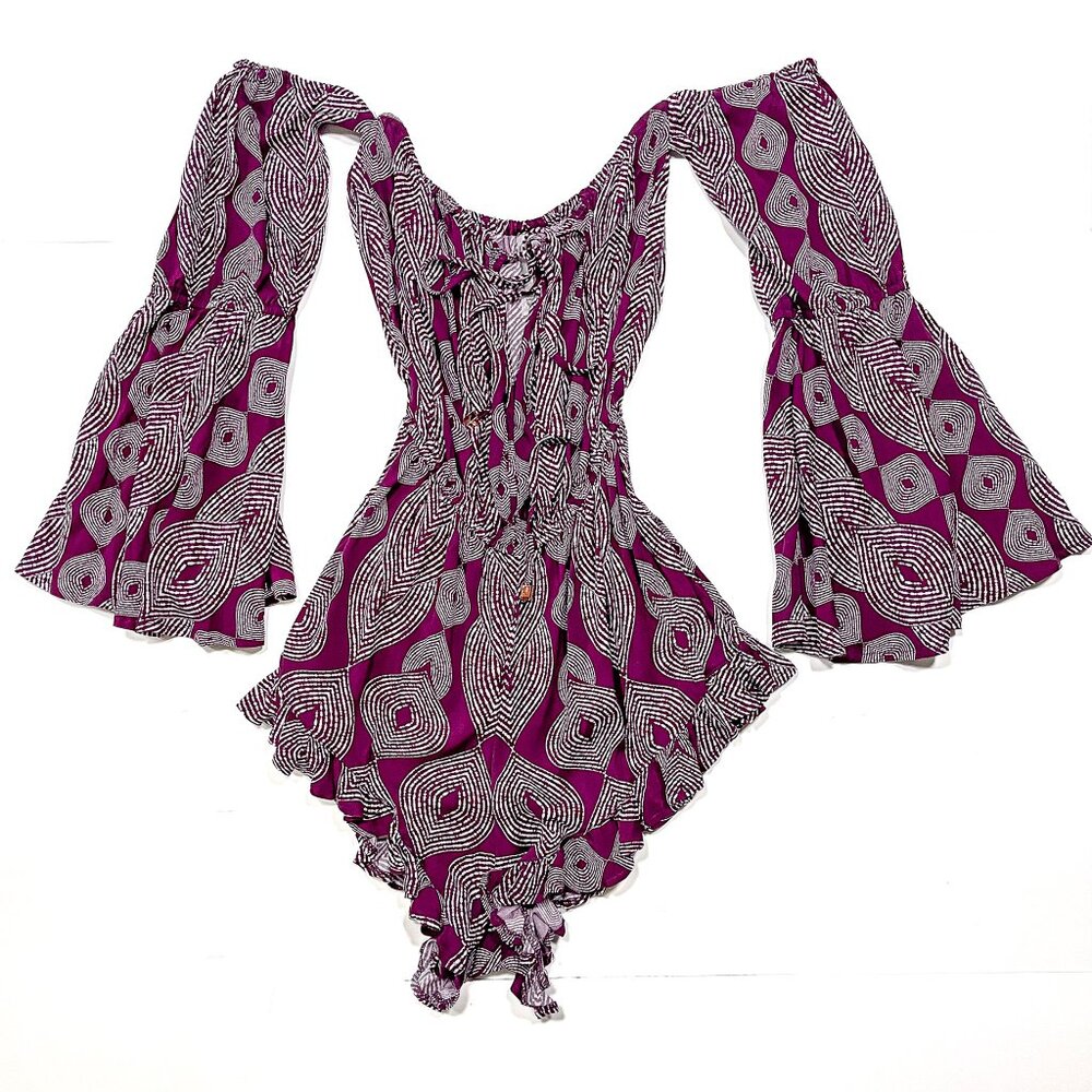 NWT Radio Fiji Sokally Romper Maroon Off-Shoulder Bell Sleeve S